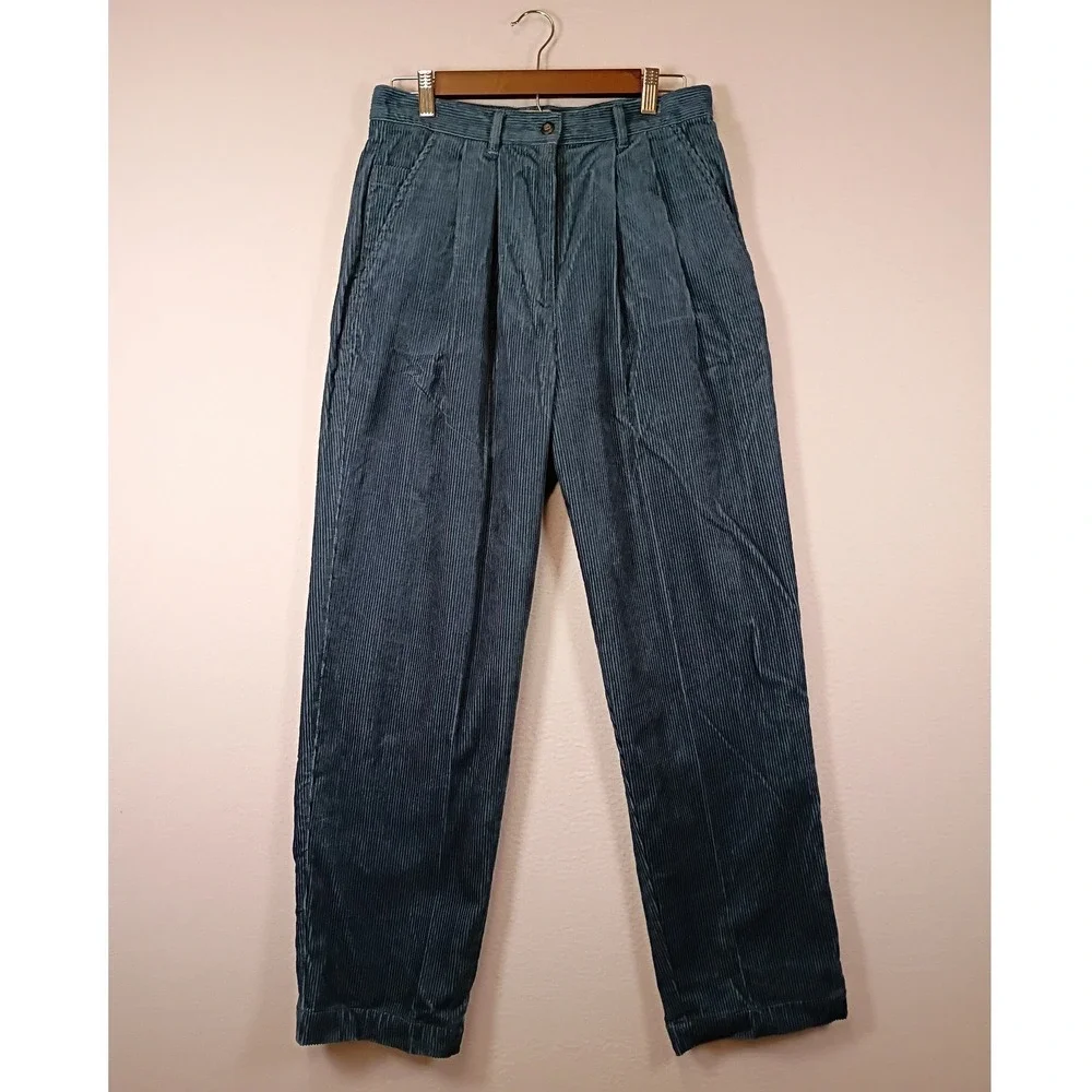 Dark Academia Marsh Landing Essentials Women 12 Teal Blue Pleated Corduroy Pants